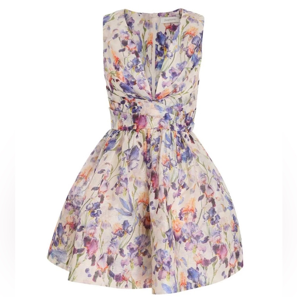 Zimmermann Tama Plunge Neck Linen & Silk Dress, Iris Print.Size 2 fits like 8 US